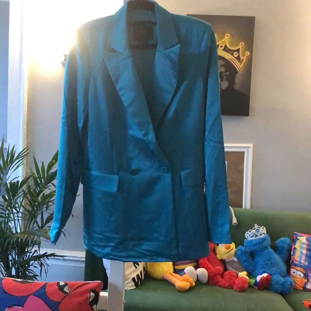 House of Harlow double breasted satin oversized aquamarine blazer size XS NWOT